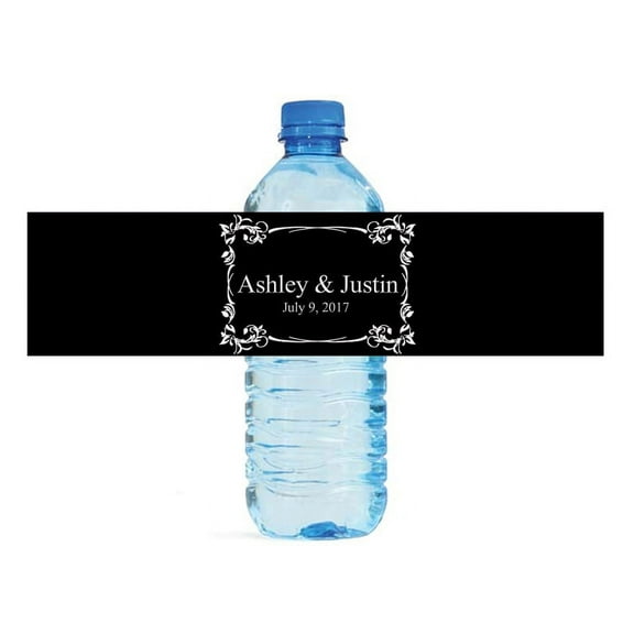 100 Elegant Black Fancy White Frame Wedding Anniversary Water Bottle labels Engagement Party Birthday
