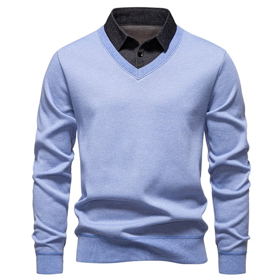 FINALGANG Mens Fall Winter Sweater Solid Color V Neck Long Sleeve Ribbed Hem Shirt Collar Jumper For Daily Wear Business Casual Blue M