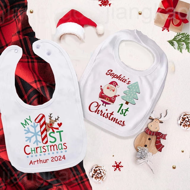 Babero para bebé, nombre personalizado, fiesta de Navidad, algodón para recién nacido, baba, ciervo, Papá Noel, regalo con estampado de muñeco de nieve