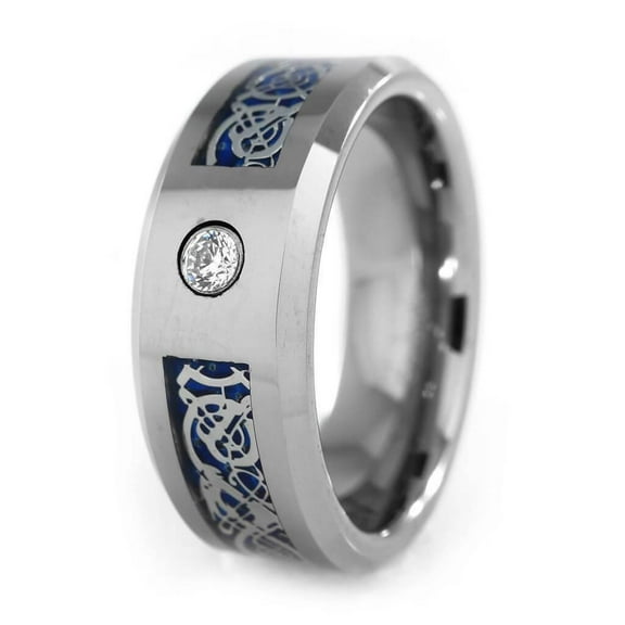 Tungsten Rings for Men Wedding Bands for Him 8mm CZ Silver Celtic Dragon