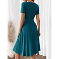 thumbnail image 2 of Teal Blue V-Neck Short Sleeve Fit & Flare Midi Dress With Gold-Tone Button Front, 2 of 7