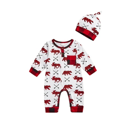 

Binpure Christmas Animal Plaid Print Long Sleeve Jumpsuit + Knotted Cap