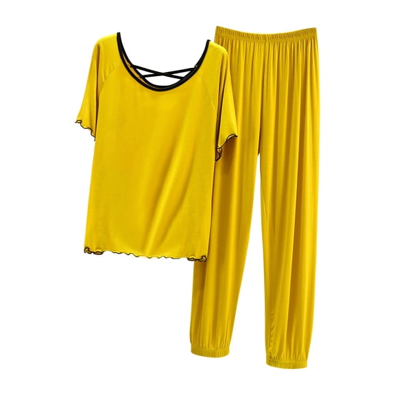 Ohufall Lounge Sets for Women Summer Two-Piece Modal Pajama Sets Solid Short Sleeve Crew Neck Tops with Pants Womens Soft Loose Backless Home Pj Sets