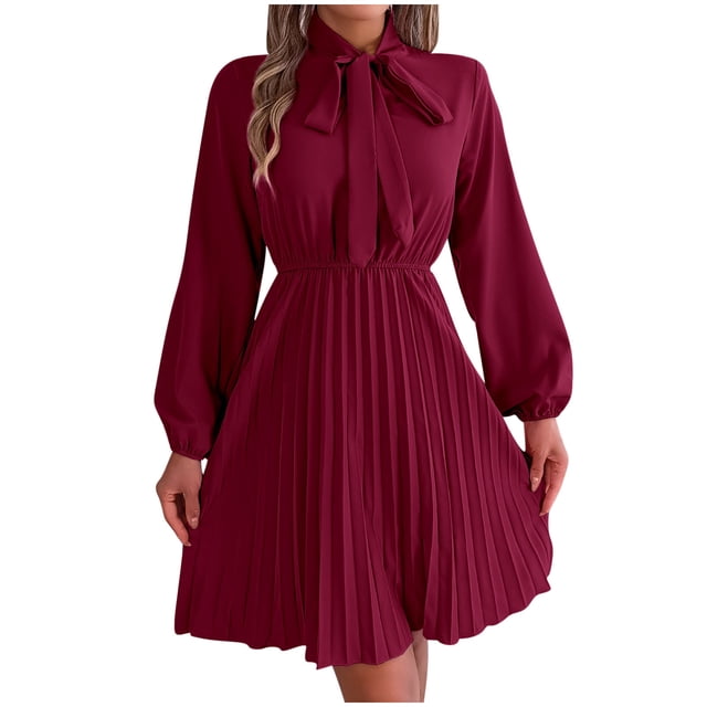 cfhntfmh Robes d'Invité de Mariage pour Femmes Tendance Nœud Papillon Manches Longues Robe de Soirée Ample Plissée Ligne A Mini Robe