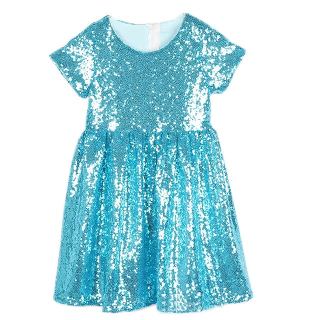 EnJoCho Robe à Paillettes pour Filles Manches Courtes Brillante Décontractée Ample Col Rond Été Robe Trapèze Mignonne pour Fête