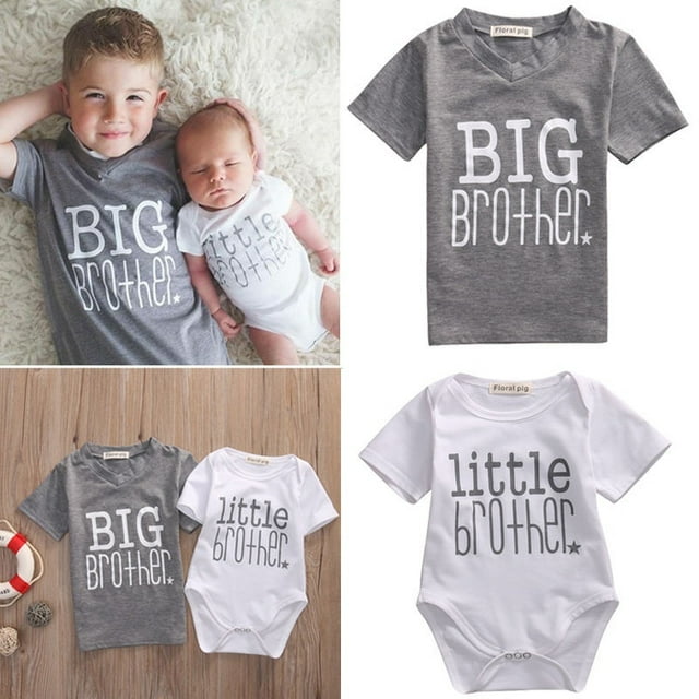 Hauts d'Été Assortis Gris T-shirt Grand Frère Tee / Blanc Barboteuse Petit Frère