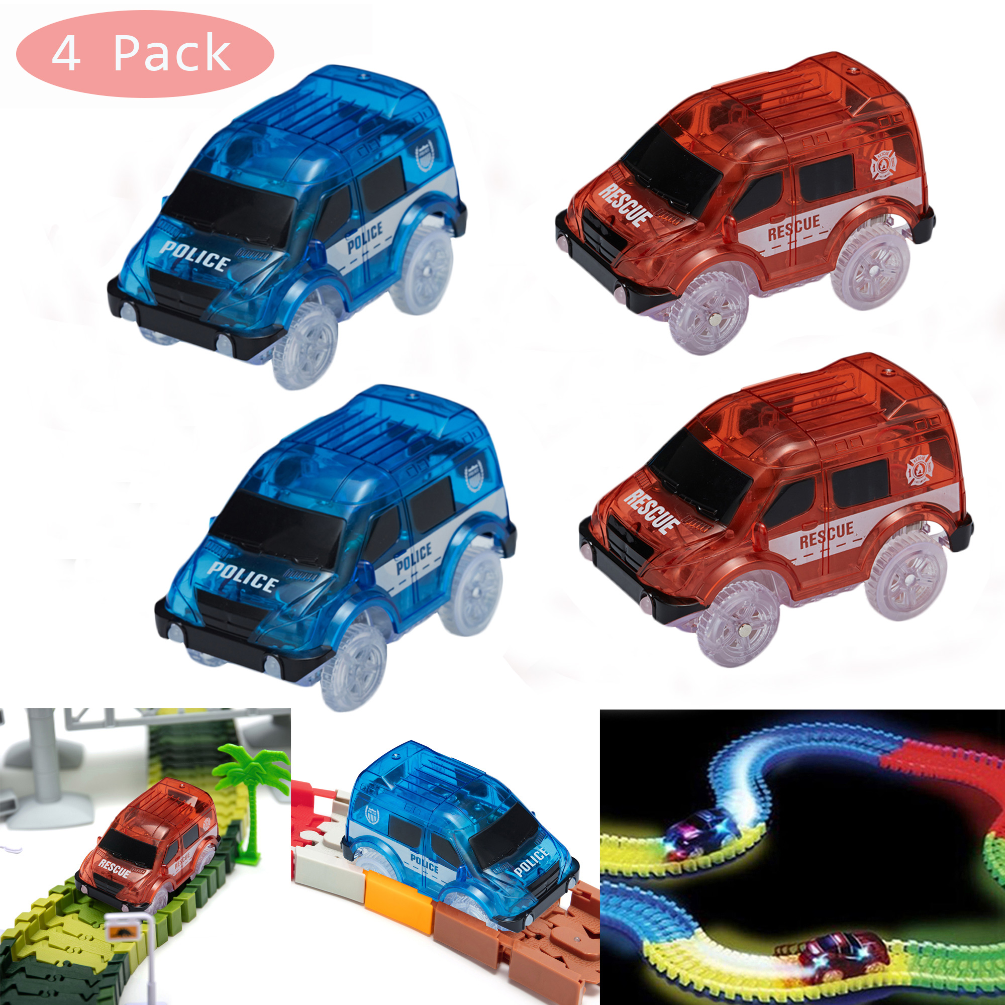 YouLoveIt 4 Pack Mini Track Car Toy LED Light Up Mini Car Toys, Race