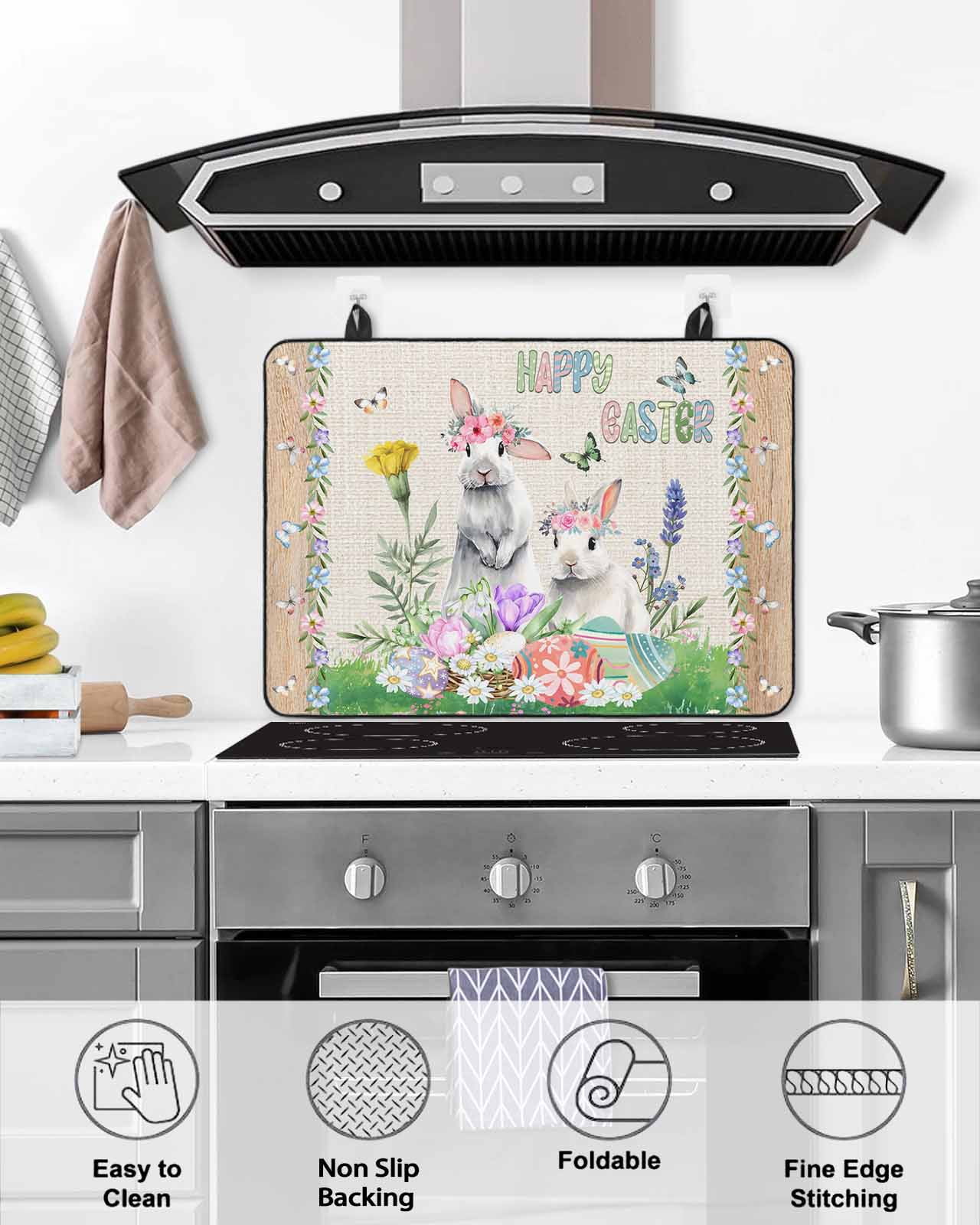 Large Induction Cooktop Protector Mat Easter Stove Top Covers for Electric Stove, Farmhouse Bunny Colorful Eggs Flowers Plants Decorative Stove Burner Cover Mats, Glass Top Stove Cover