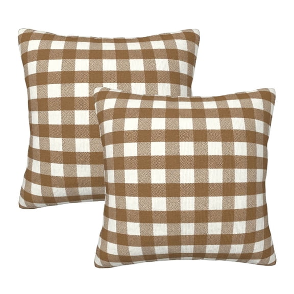 Farmhouse Brown and White Gingham Plaid Pillow Covers 18x18 Set of 2, Khaki Checkered Pillow Covers, Outdoor Buffalo Plaid Decorative Throw Pillows (No Pillow Inserts)