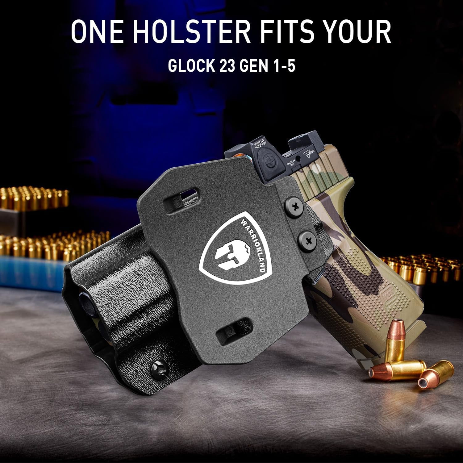 OWB Kydex Paddle Holster, For Glock 23 gen 1 2 3 4 5 pistol, Optics Cut & Adj. Cant, Left Hand