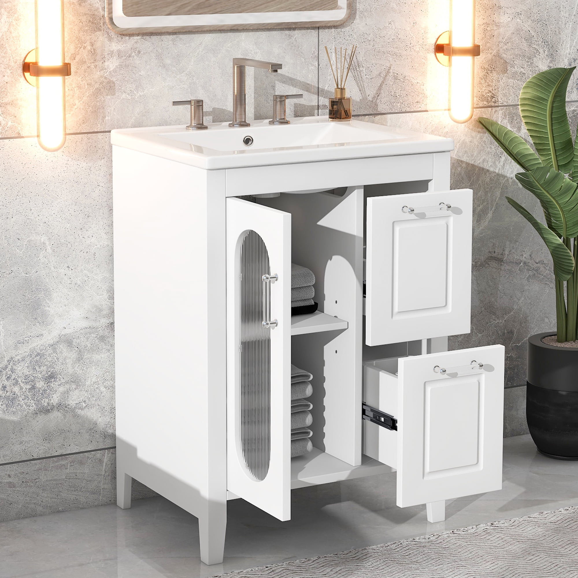 Euroco 24" Bathroom Vanity with 1 Sink,Two Drawers and Door, Adjustable Shelf