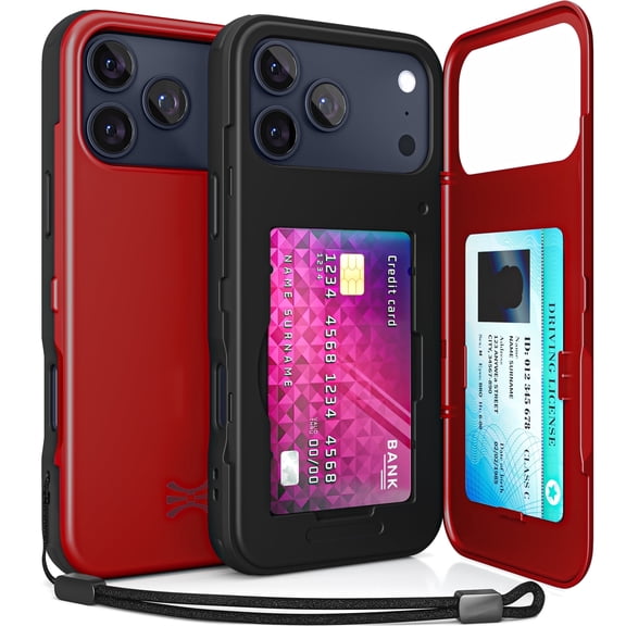 TORU CX SLIM for iPhone 17 Pro Case | Slim Wallet Case with Hidden 2-Card Holder & Card Slot | Shockproof Heavy Duty Cover with Flip Kickstand | Mirror & Strap Included - Red