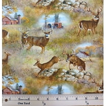 Cotton No Boundaries Whitetail Deer Scenic Bucks Wildlife Woodland Barns Elizabeth Studios Cotton Fabric Print by the Yard (44004GOLD)