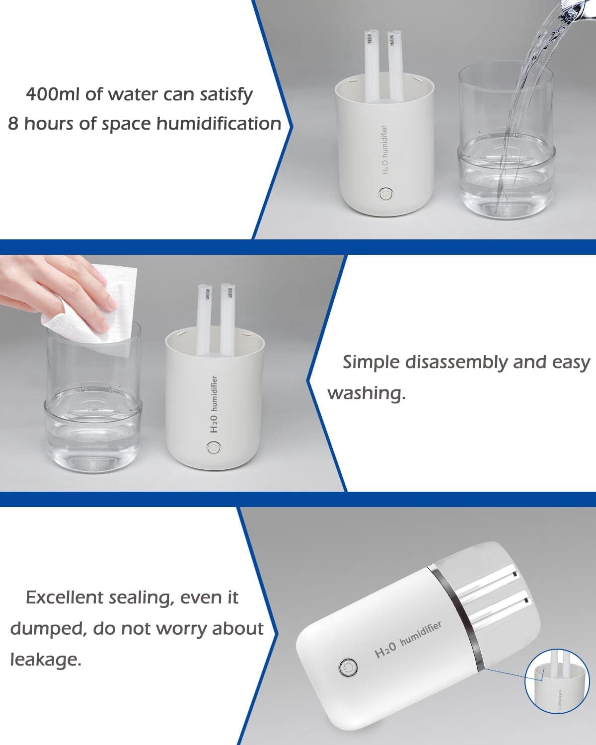 Small Humidifier 400ml Cool Mist Humidifiers for Bedroom 2 Mist Modes Desk USB Humidifier Mini Humidifier with Night Light Quiet for Home & Travel (White)