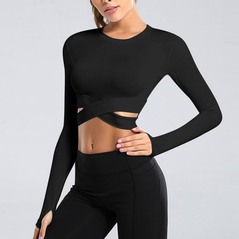 Women s Long Sleeve Crop Top Workout Dance Yoga Tops Cropped Sweater Gym Athletic Shirts with Thumbholes
