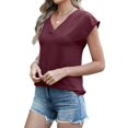 thumbnail image 3 of Women Tops Cap Sleeve Textured Dressy Casual V Neck Shirts Summer Business Work Blouses Outfits Red M, 3 of 8
