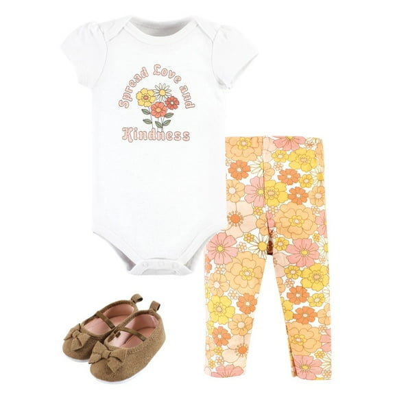 Hudson Baby Infant Girl Cotton Bodysuit, Pant and Shoe Set, Peace Love Flowers, Newborn