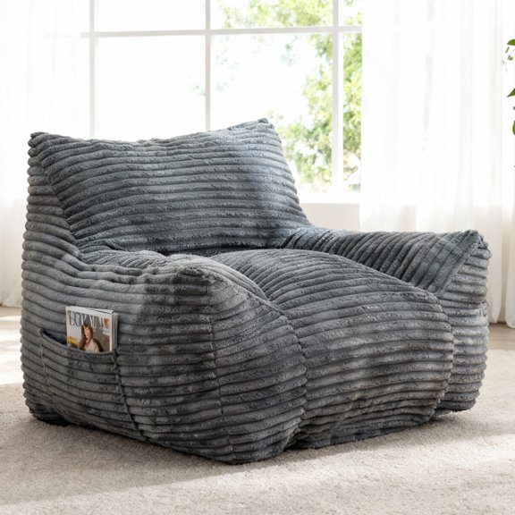 Bean Bag Chairs, Memory Foam Bean Bag Chairs for Adults, Living Room Lazy Sofa with Side Pocket for Bedroom & Dorm, Gray