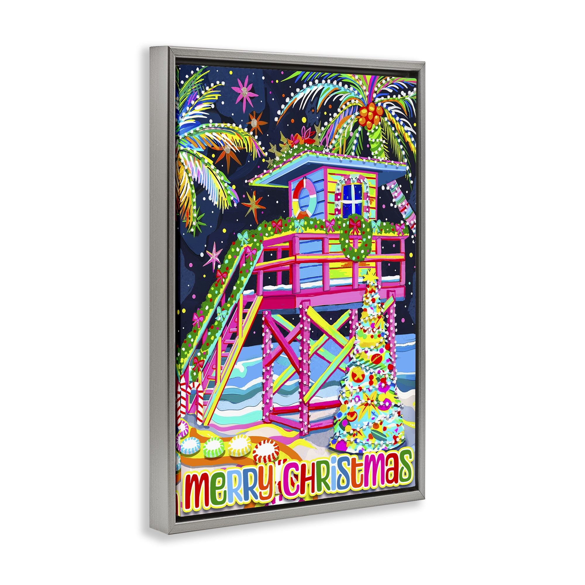 Stupell Industries Whimsical Seaside Christmas Holiday Painting Gray Floater Framed Canvas Art Prints Wall Art, 17 x 25