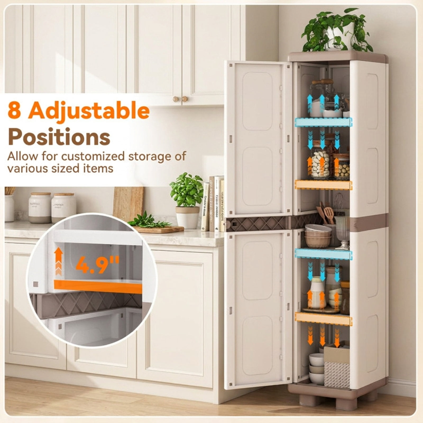 Furnibear Plastic Kitchen Pantry with 4 Adjustable Shelves and Single Door for Living Room and Kitchen for Living Room Bedroom Kitchen, Beige