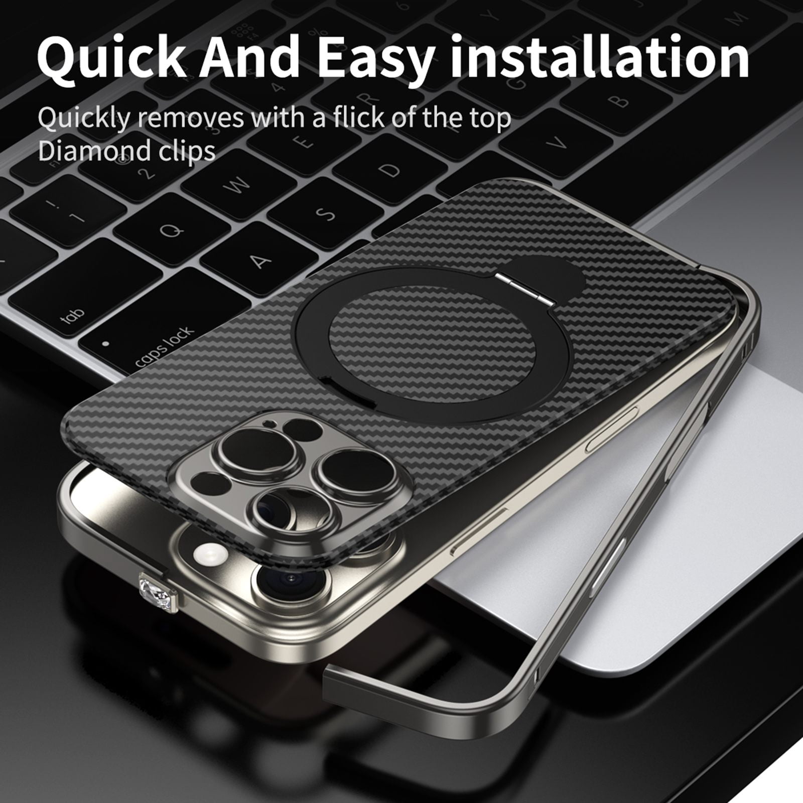 ELEHOLD for iPhone 15 Pro Case,Compatible with Magsafe Accessories, Heavy Duty  Carbon Fiber Ring Kickstand Magnetic Rugged Shockproof Case for iPhone 15 Pro,Silver