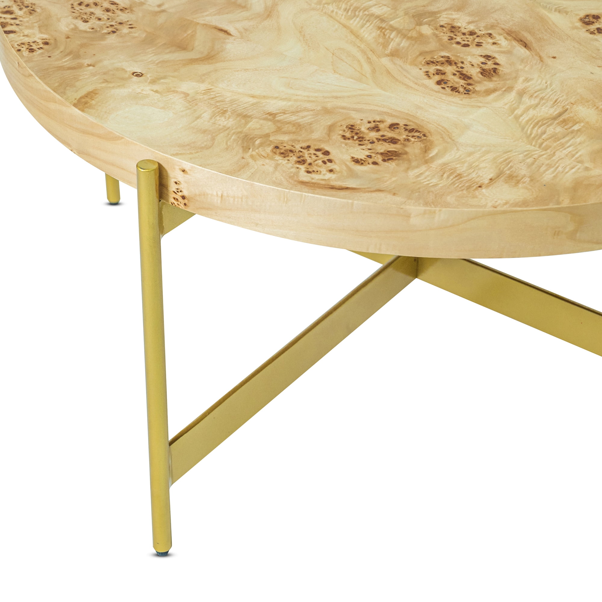 Ox Bay Theresa Round Burl Wood Coffee Table with Gold Base, Glam Style, Indoor Use