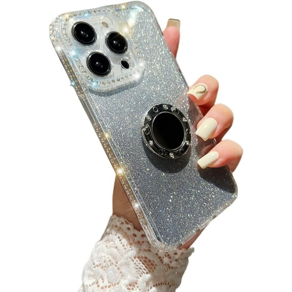 Glitter Gradient Popular TPU Phone Case for iPhone X XS XR Max 7 8 Plus Unique Finger Ring Stand Border Bling Diamonds Back Cover(Clear,X/XS)