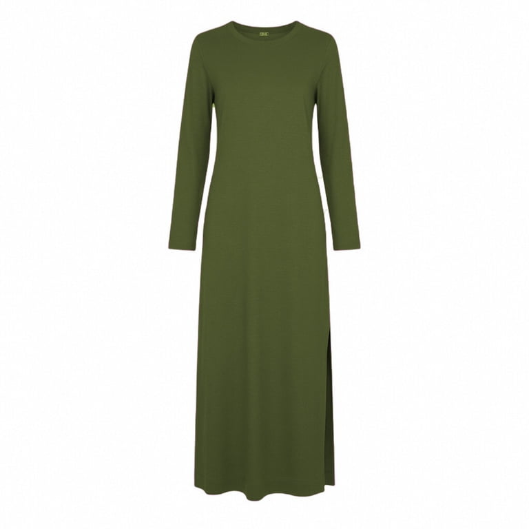Hinvhai Women's Bodycon Maxi Dress Solid Color Long Sleeve Side Slit Dresses Fitted Tight Basic Party Club Cocktail Army Green, Size: Medium