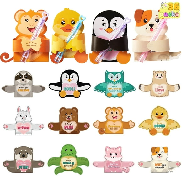 Joyfy 36 Pcs Cartes-Cadeaux de la Saint-Valentin avec Motifs d'Animaux, Mignon Porte-Cartes-Cadeaux de la Saint-Valentin pour Enfants Tout-Petits, Cartes d'Échange de la Saint-Valentin en Vrac pour Classe École