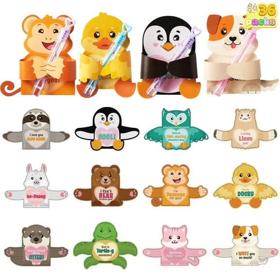 SYNCFUN 36 Pcs Valentines Day Gifts Cards with Animal Designs,Cute Valentine Gift Card Holder for Kids Toddler,Valentines Exchange Cards Bulk for Class School