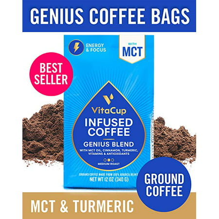 VitaCup Genius Blend Ground Coffee Bags 12oz Energy & Focus | MCT, Turmeric & Cinnamon | Keto | Paleo | Whole 30 | Vitamins B1, B5, B6, B9, B12, D3 | for Drip Coffee Brewers & French