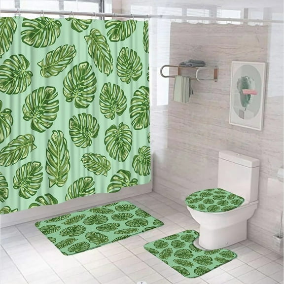4Pcs Green Tropical Leaves Shower Curtain Set Watercolour Plant Monstera Home Bathroom Decor Floor Rug Bath Mat Toilet Lid Cover