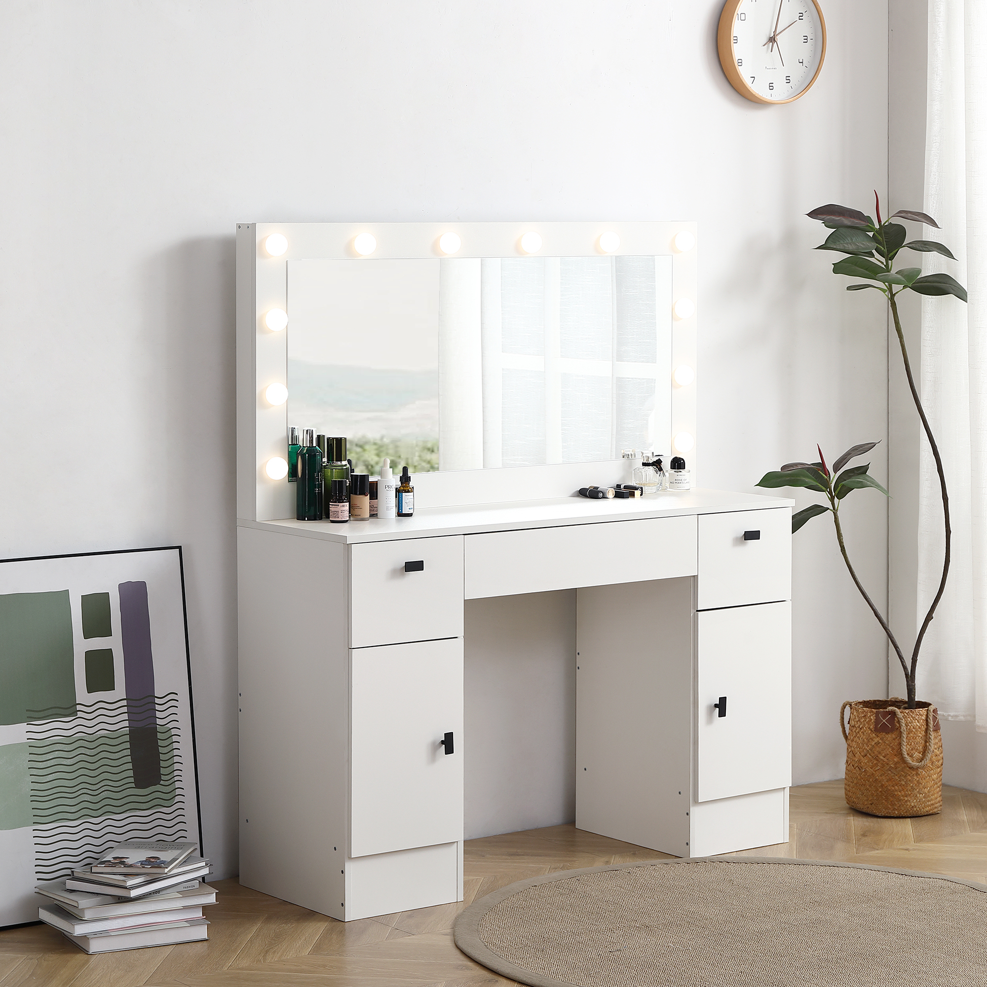Vanity Table with Lighted Mirror, Vanity Desk with 3 Drawers and Storage Cabinet,3 Color Lighting Modes Adjustable Brightness