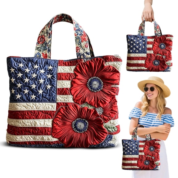 Patriotic American Flag Tote Bag, 7.8 Inch Quilted Canvas Handbag With Red Poppies And Stars, Perfect For 4th Of July, Memorial Day, And Casual Outings