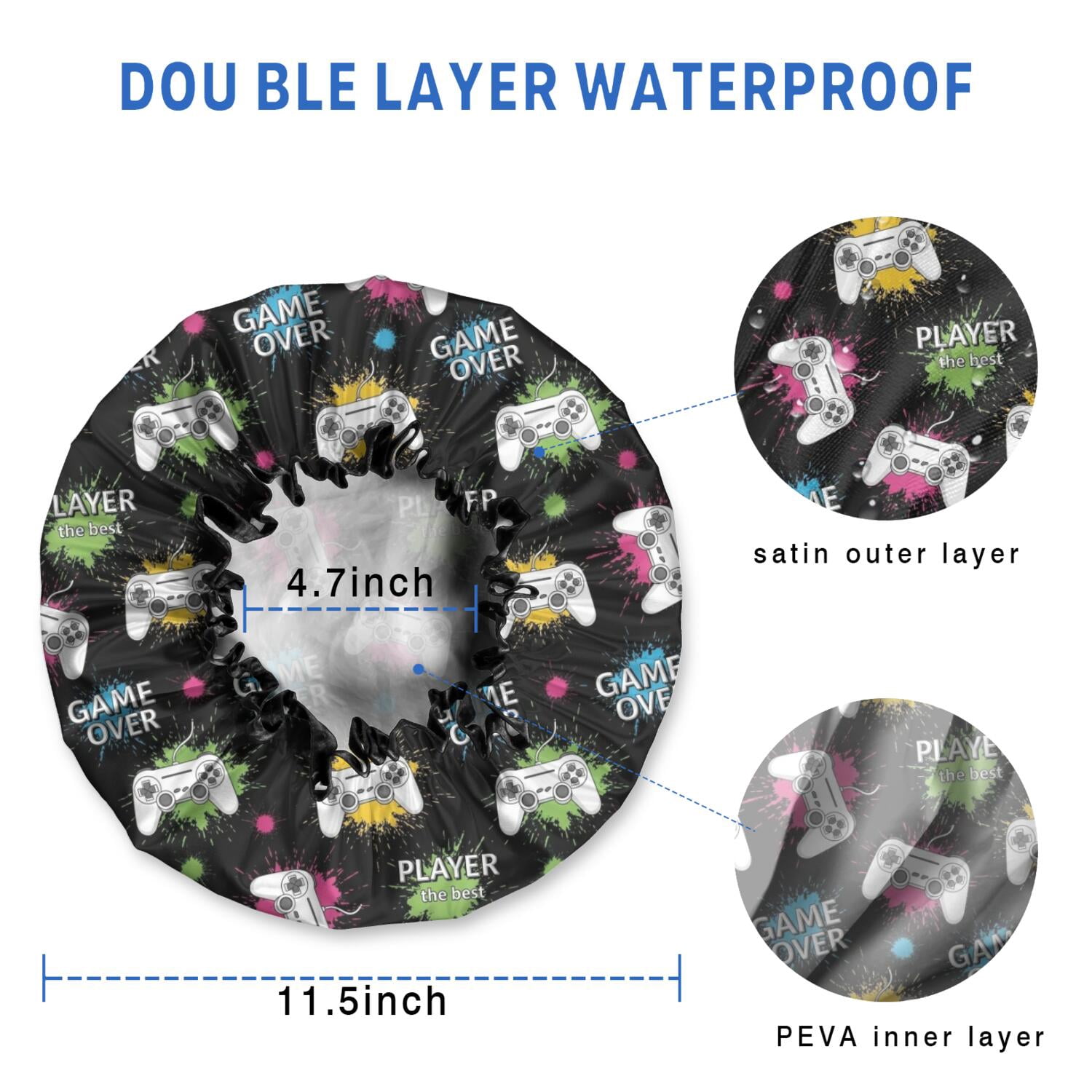 Shower Caps,Neon Controllers Games Icons Black Pattern Waterproof Shower Cap for Women 4 Pieces,Double Reusable Hair Cover for Shower PEVA Elastic Stretch Hem