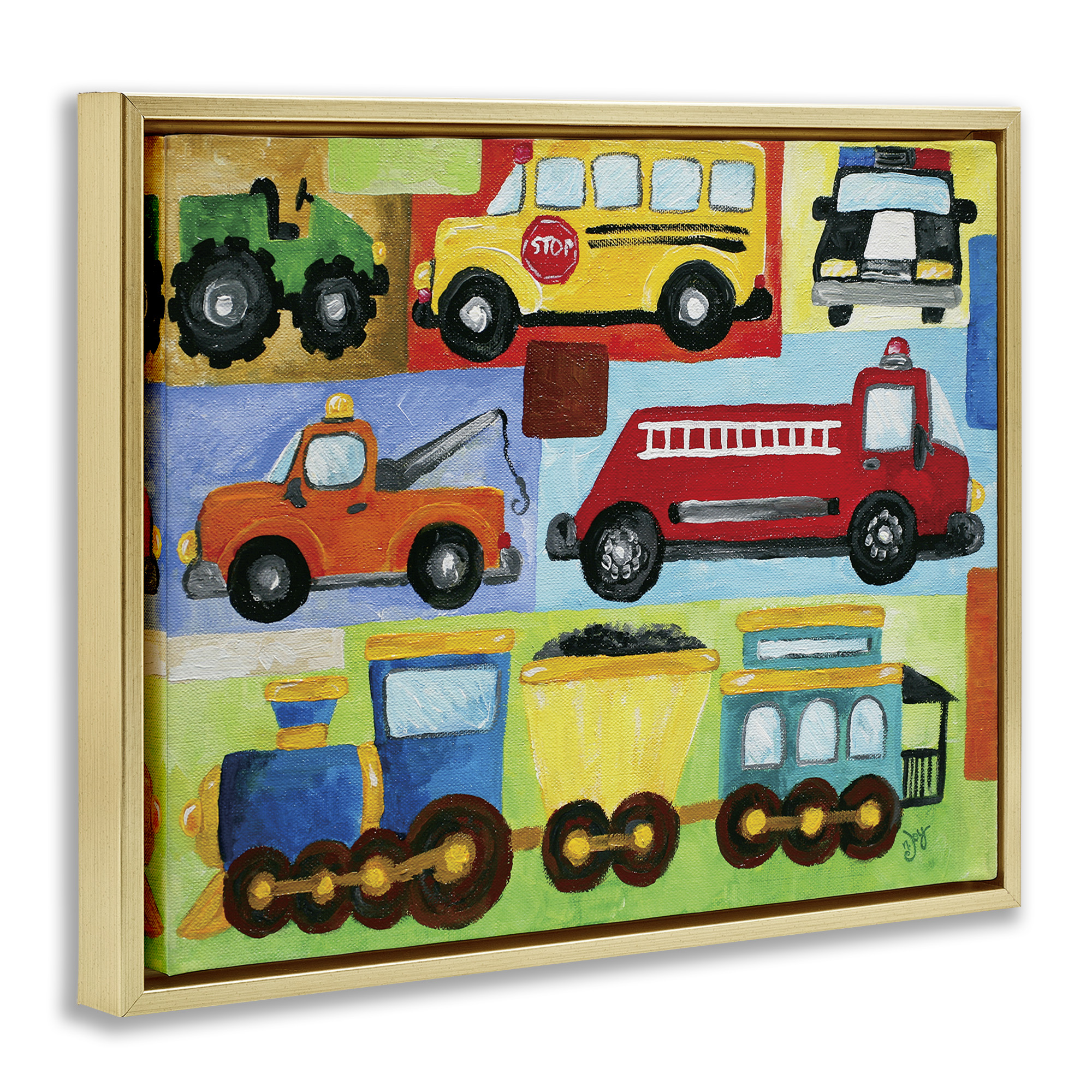 Stupell Industries Whimsical Transportation Collage Art for Kids Painting Gold Floater Framed Canvas Art Print Wall Art, 31 x 25