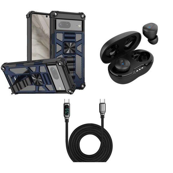Accessories Bundle for Google Pixel 7a - (Dark Navy Blue) Heavy Duty Armor Rugged Magnetic Mount Stand Case, Wireless Earbuds with Charging Case, Digital LED Display USB-C to USB-C Cable (3.3 Feet)