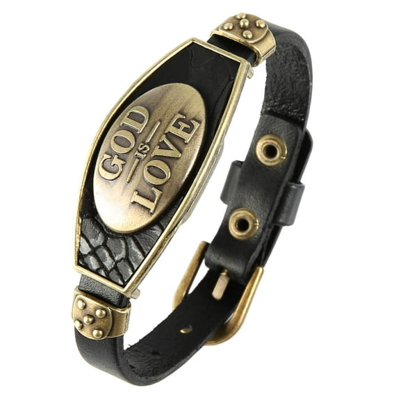 STWTR Punk Alloy Leather Bracelet Men's Fashion Personality Bracelet Wristband Adjustable Black (God is love)