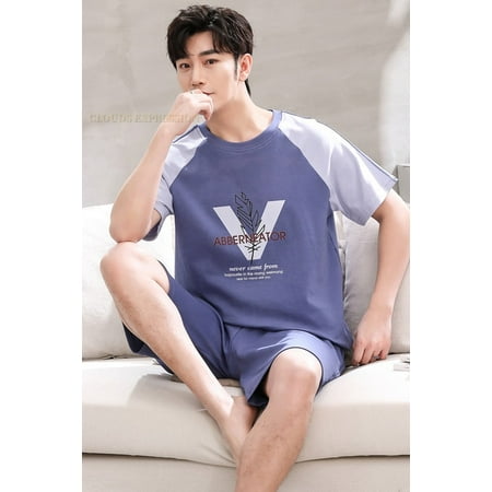 

QWZNDZGR Summer New Cartoon Mens Pajamas Casual Short Tops Lattice Short Pants Sets Pyjamas Stripe Men Sleepwear Pijamas Homewear Fashion