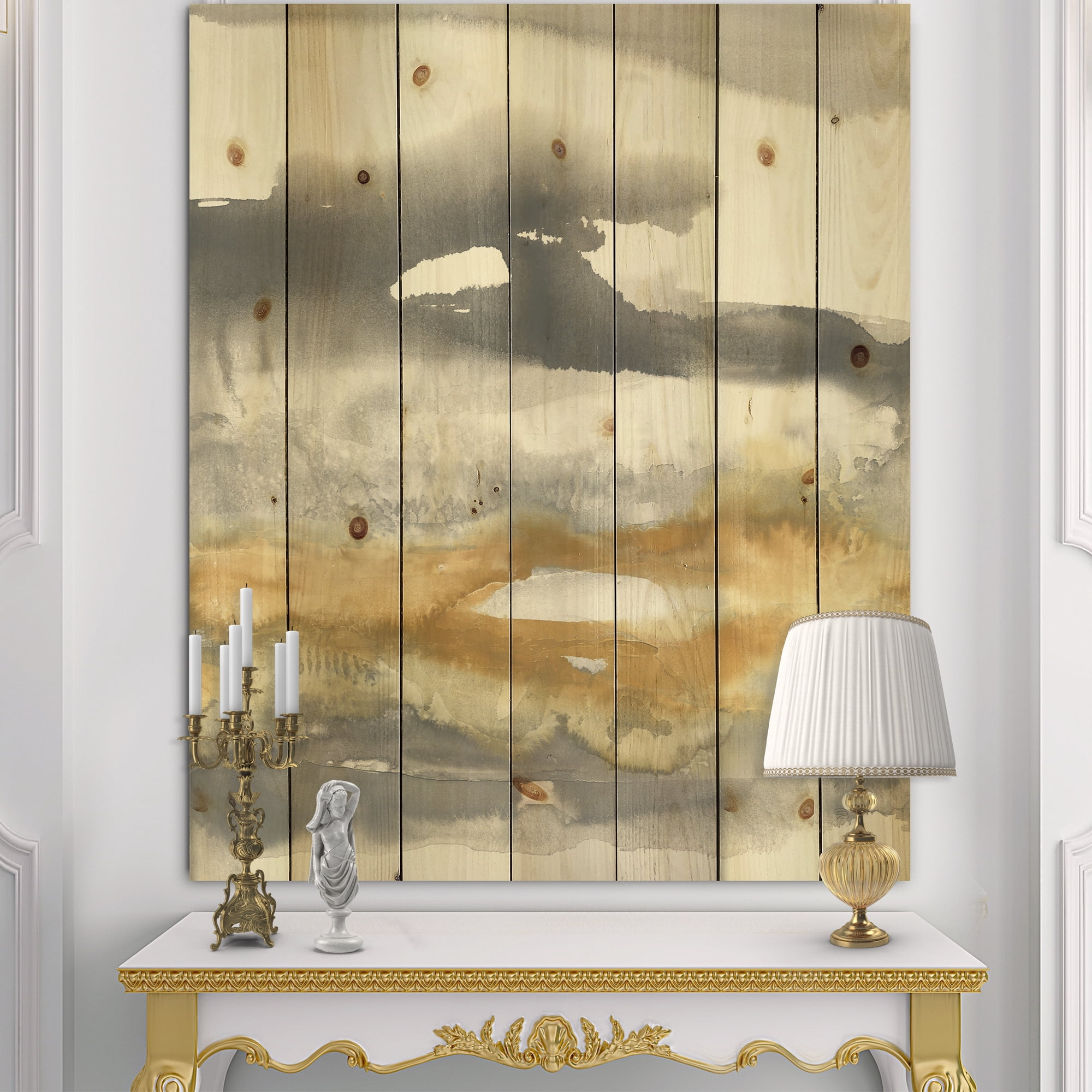 Designart 'Abstract Gold Glamour Direction I' Modern & Contemporary Print on Natural Pine Wood