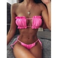 thumbnail image 2 of Women's Strapless Bandeau Shirred Swimsuit High Cut Thong Women Ruched Hollow Sexy Bikini Push-Up Padded Swimwear Swimsuit Beachwear Set Pink L, 2 of 7