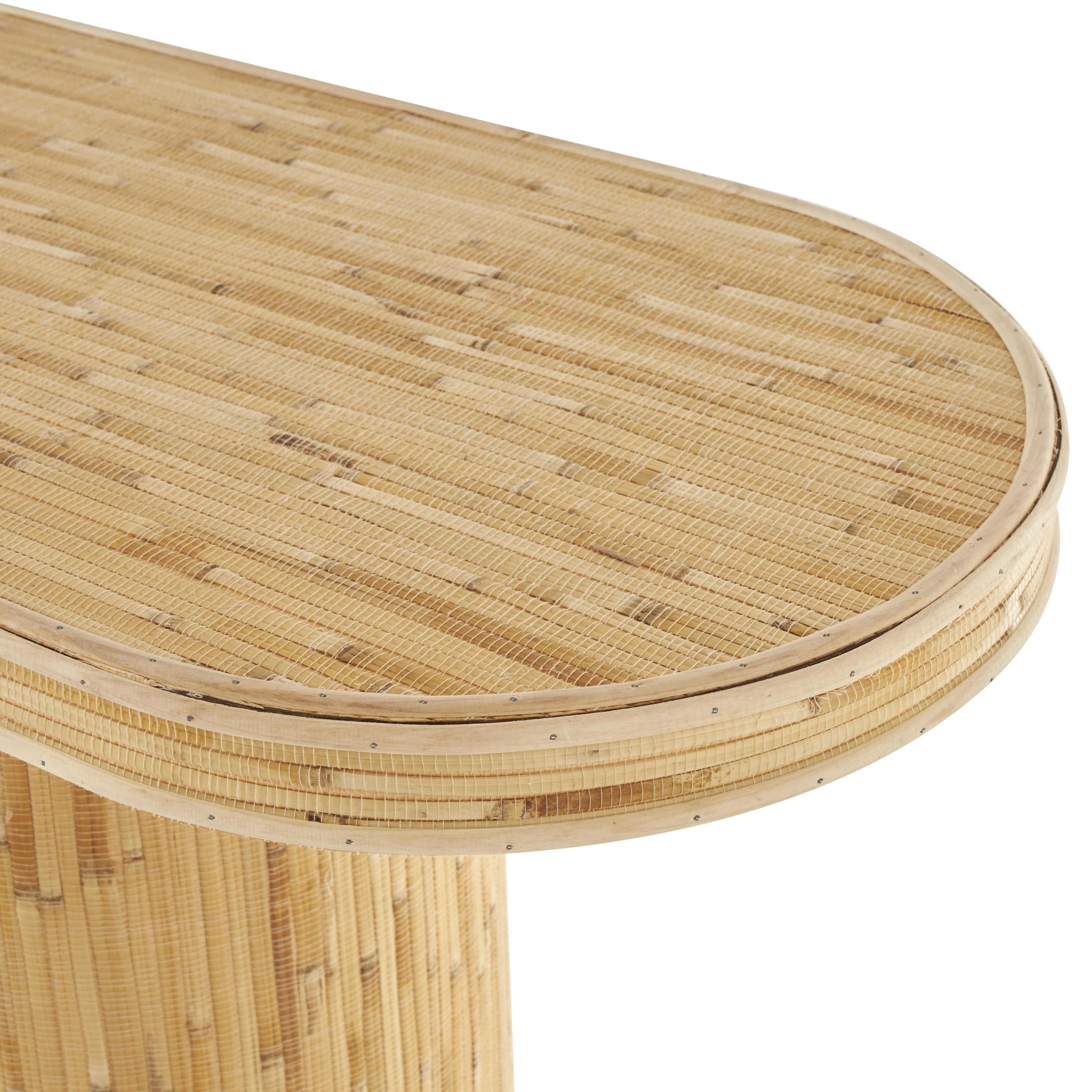 DecMode 64" x 32" Brown Rattan Handmade Textured Oval Console Table with Linear Wood Strip Design, 1-Piece
