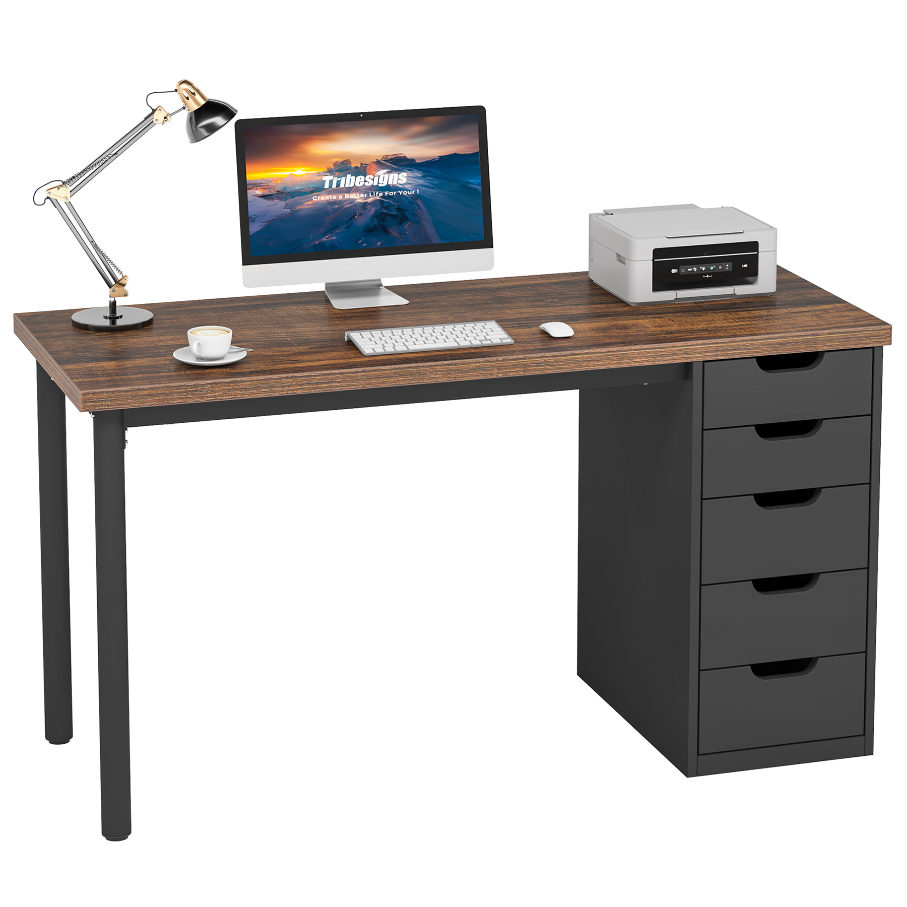 Fnova 47.24" Computer Desk with 5 Drawers, Reversible File Cabinet, Writing Workstation for Home Office Bedroom Study Makeup Vanity Desk Furniture