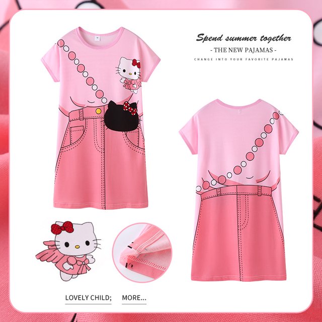 Pijamas infantiles de verano para niñas, lindos pijamas de manga corta con cuello redondo de dibujos animados, ropa de hogar holgada y delgada para niñas de talla mediana y niños mayores