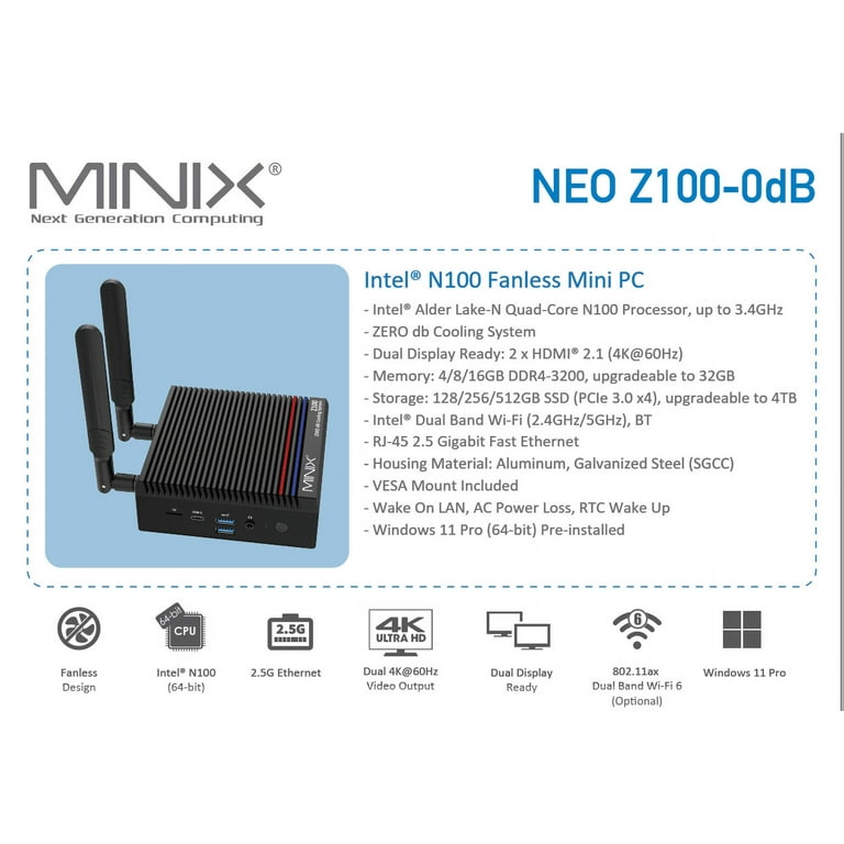 MINIX Z100-0dB Fanless Mini PC, Intel N100, 16GB DDR4, 512GB MINIX Z100-0dB Fanless Mini PC, Intel N100, 16GB DDR4, 512GB