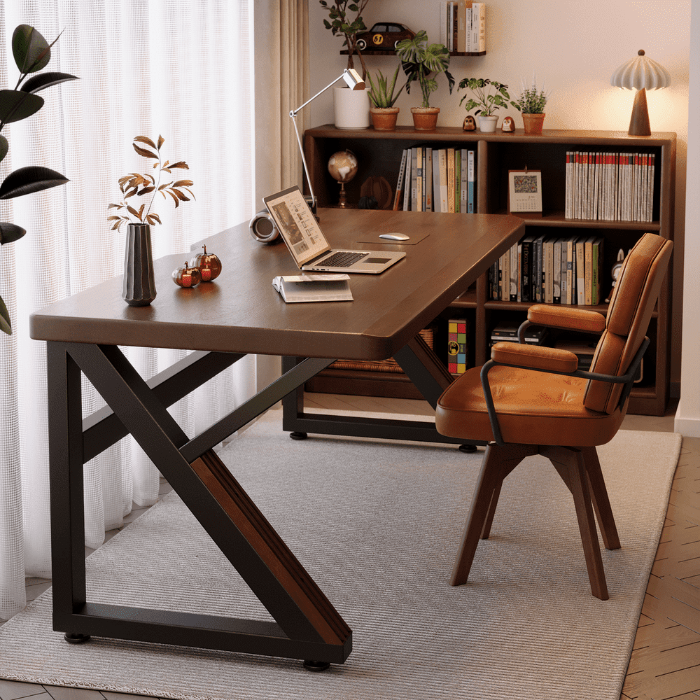 MIDOQIN Long Desk with Thickened Top, Solid Wood 63 Inch Computer Desk Extra Wide Writing Table with Heavy Duty Metal K-Legs for Two Person Double Desk or Home Office, Walnut