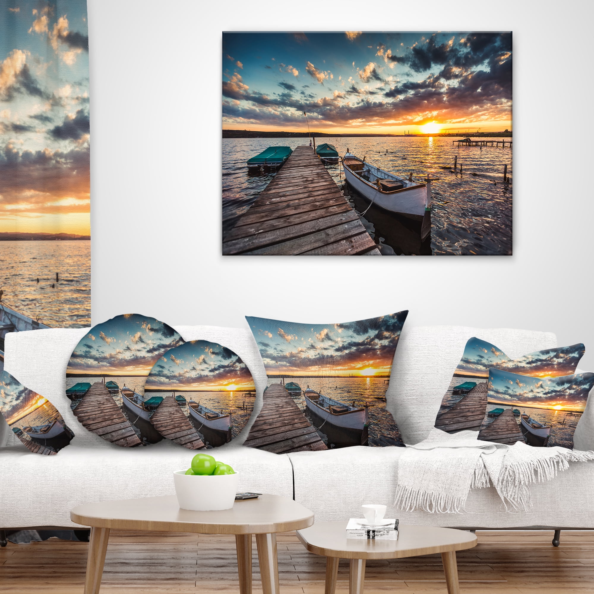 Designart Boats and Jetty under Dramatic Sky - Modern Throw Pillow - 12x20