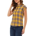thumbnail image 5 of INSPIRE CHIC Women's Point Collar Short Cap Sleeves Plaids Button Down Shirt L Yellow, 5 of 8