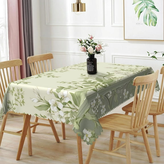 Nanqianyi Green Rectangle Washable Tablecloth 52" x 70", White Flowers Lush Green Leaves for Wedding Party Table Decoration