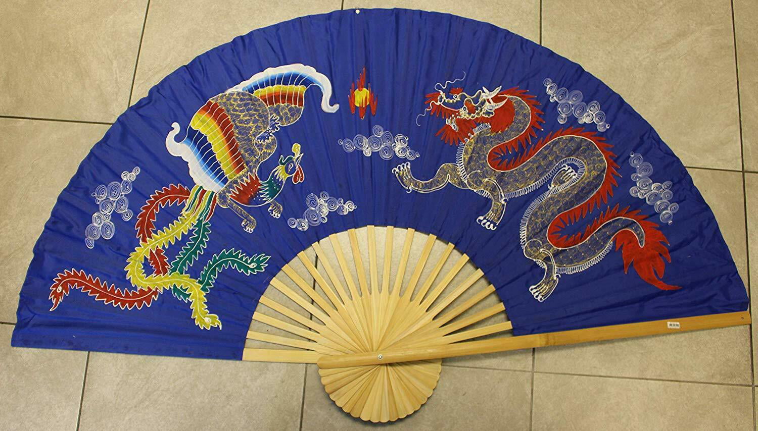 35” wide Handcrafted Bamboo Wall Hanging Decorative Folding Fan Dragon Design 